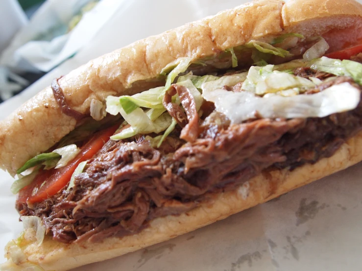 a shredded beef sandwich sitting on a plate