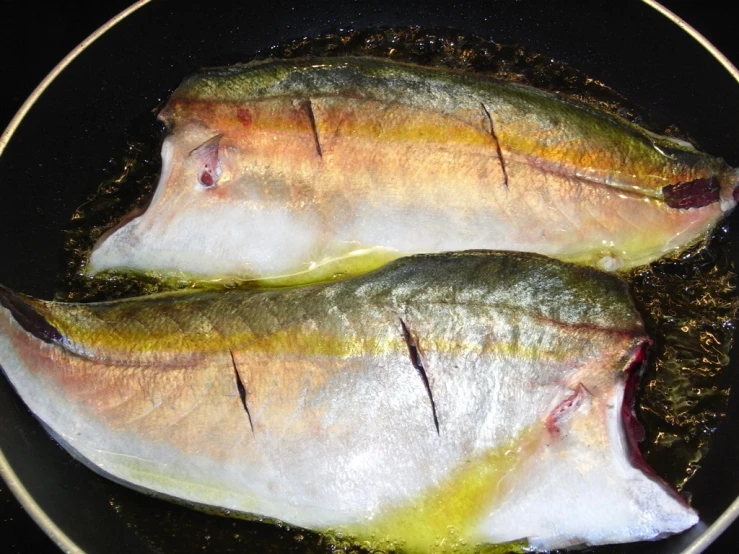 two freshly caught fish sit in a frying pan