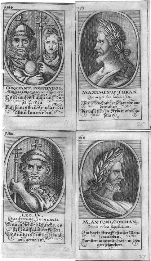 four portraits of men in three different frames