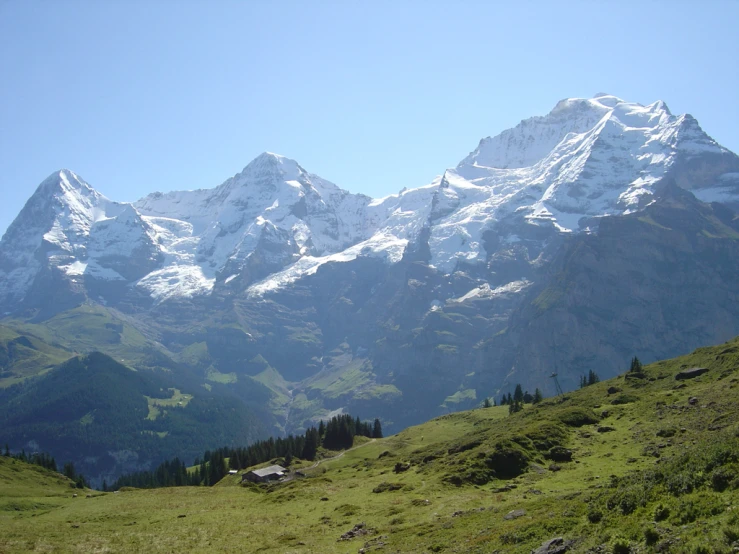 a hill covered in grass with a few snow covered mountains