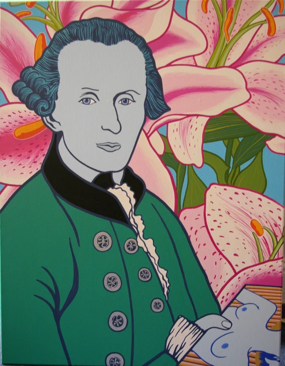 a painting of a man is shown with lilies