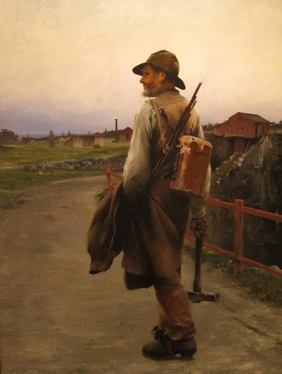 the man with the bag carries a small bucket of food