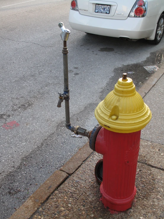 a red and yellow fire hydrant near a street