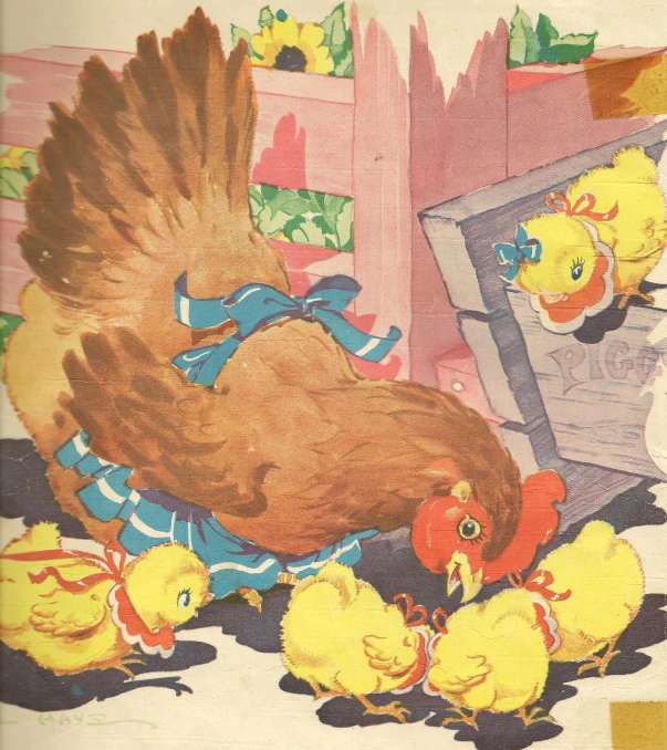 an old po of a chicken in front of its chicks