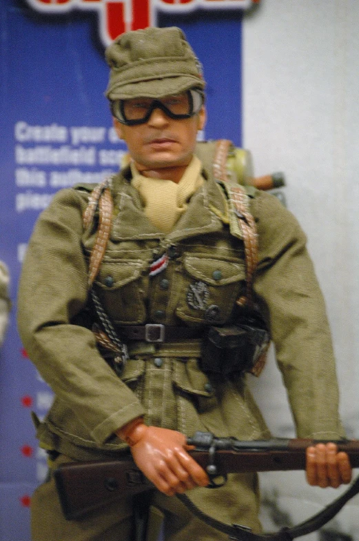 a doll that is in uniform and wearing glasses