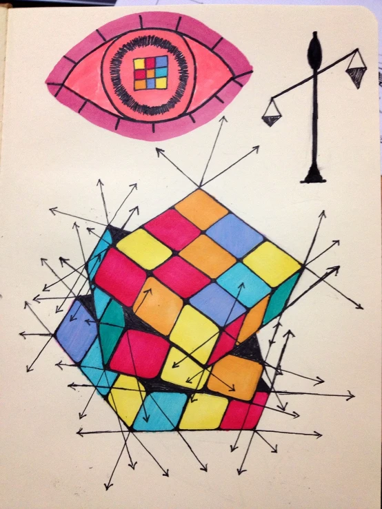 a painting of a square, eye, triangle and pen