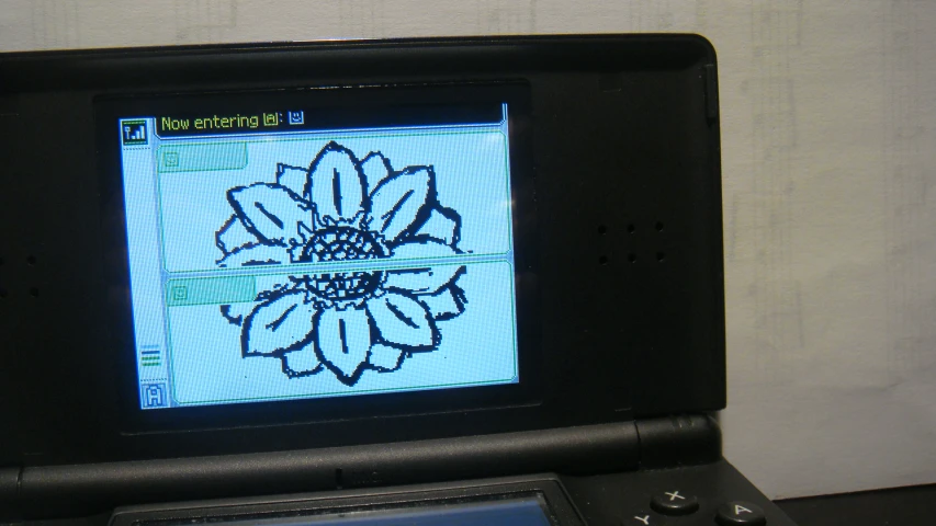 a hand holding the device displaying a large flower on a screen