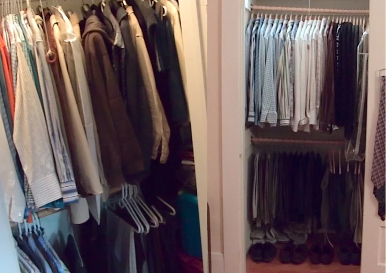 an organized closet with shoes and clothing in it