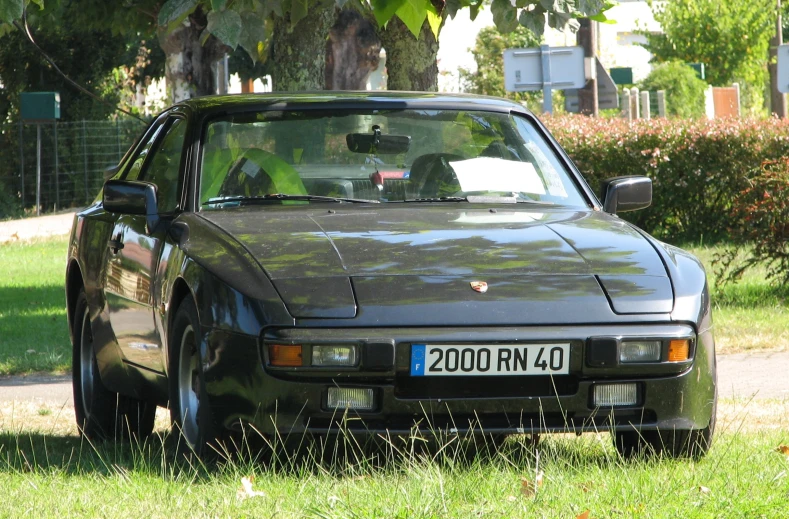 the back of a black car on a grass field