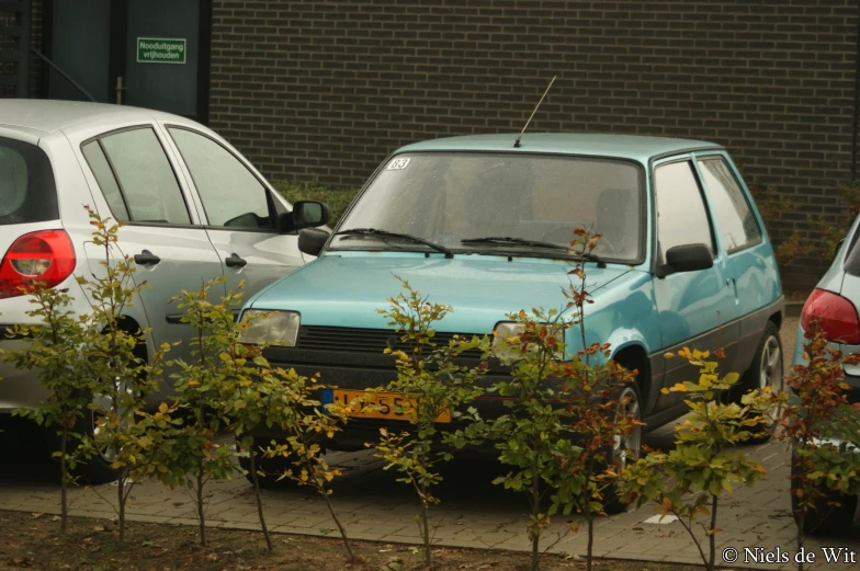 cars are parked on a sidewalk near some trees