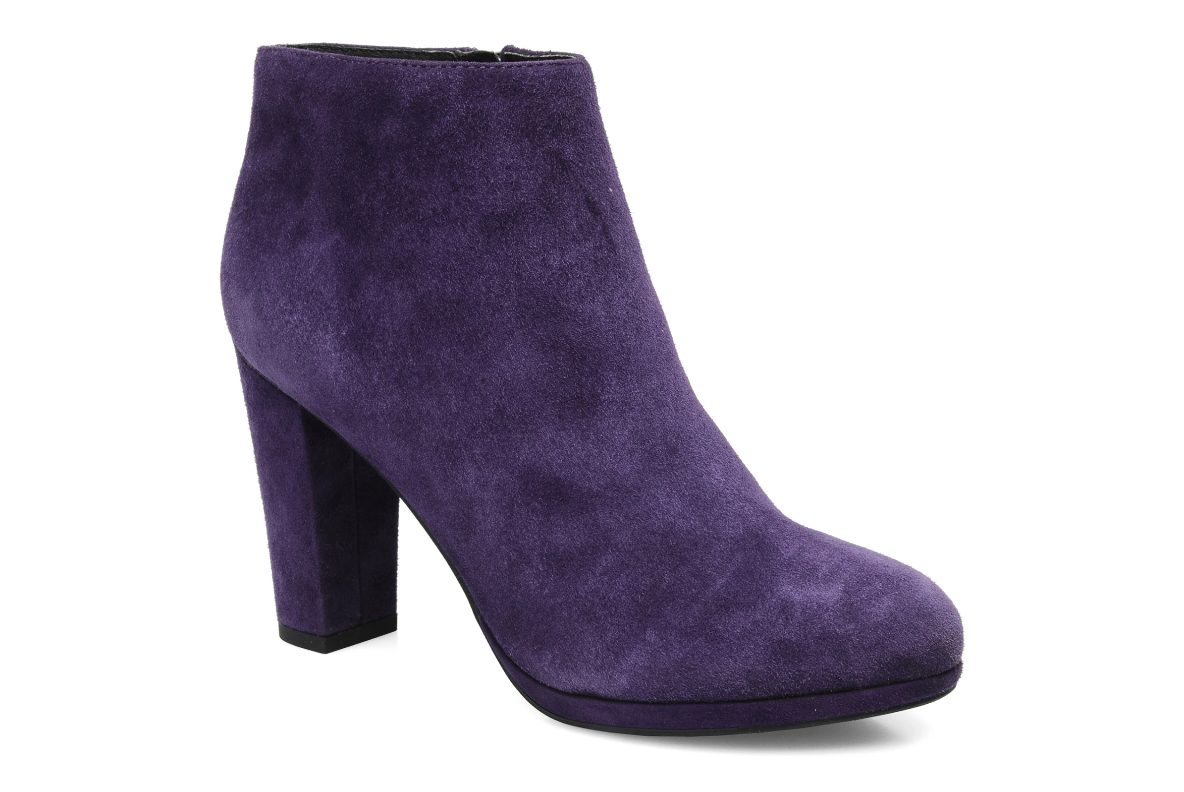 a purple ankle high heel boot