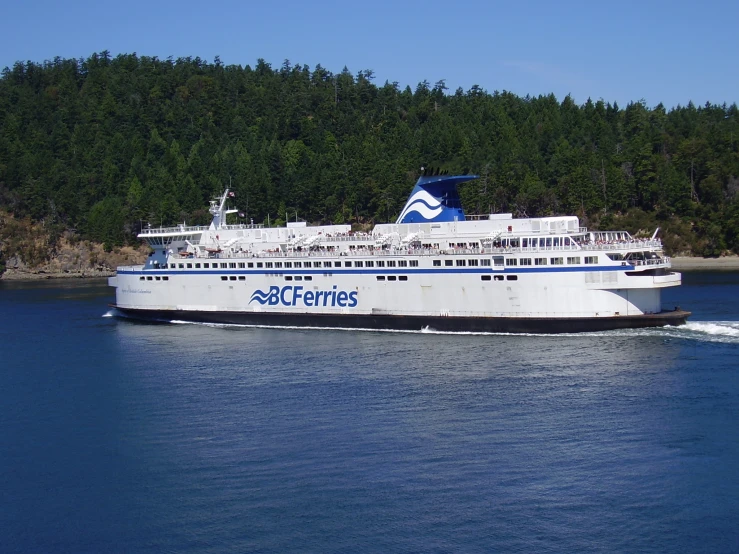 a ferry boat sailing through the water near a forest