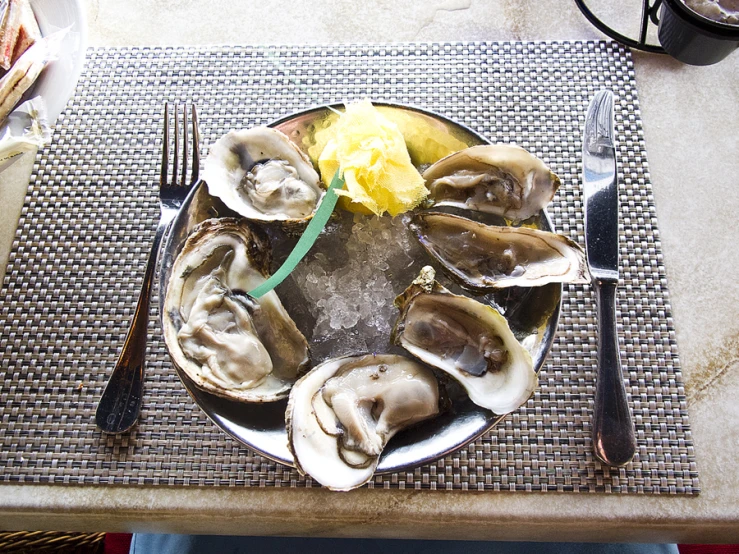 a plate topped with oysters next to a fork and knife