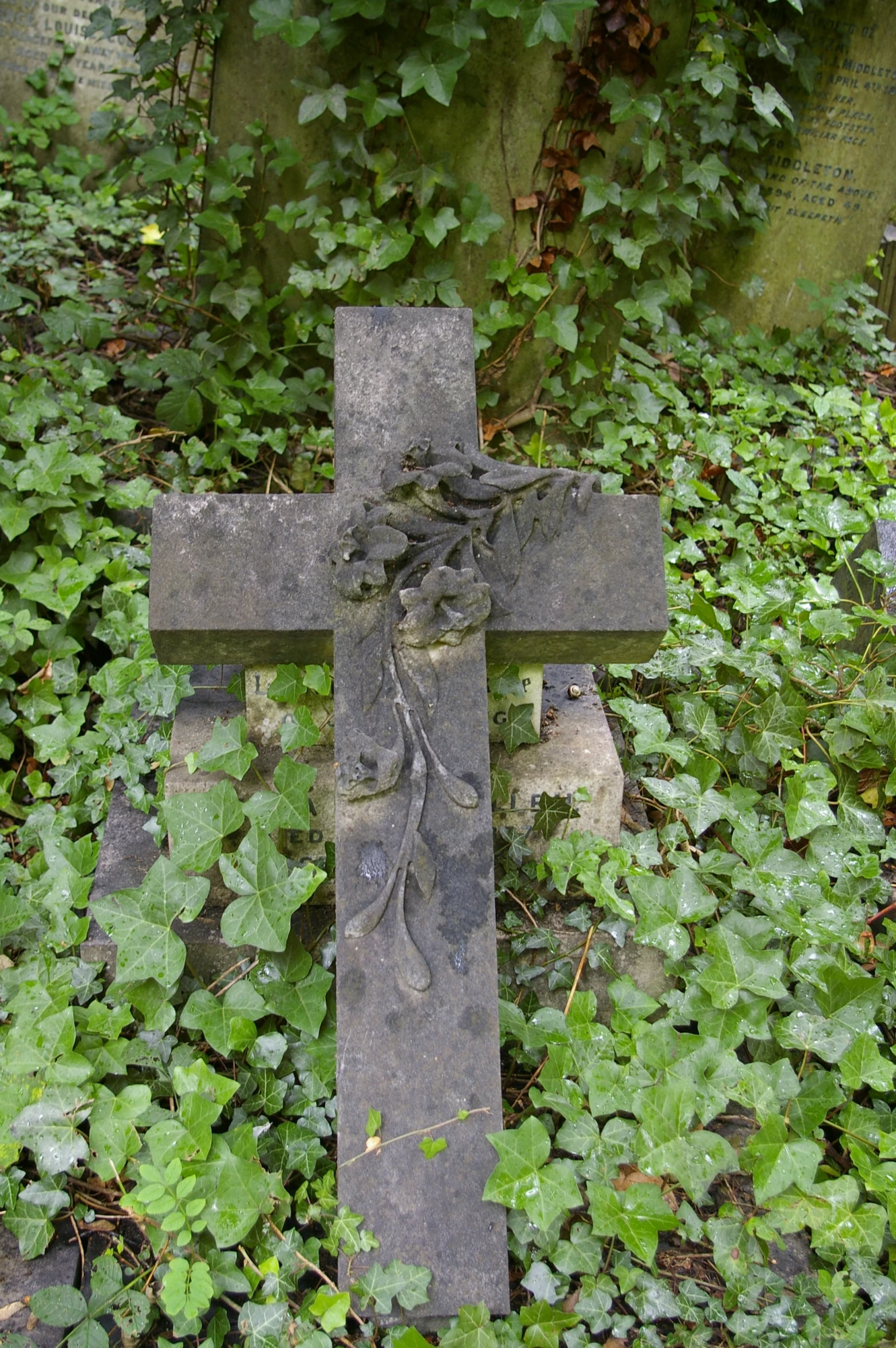 a grave in a cemetery with weeds on it