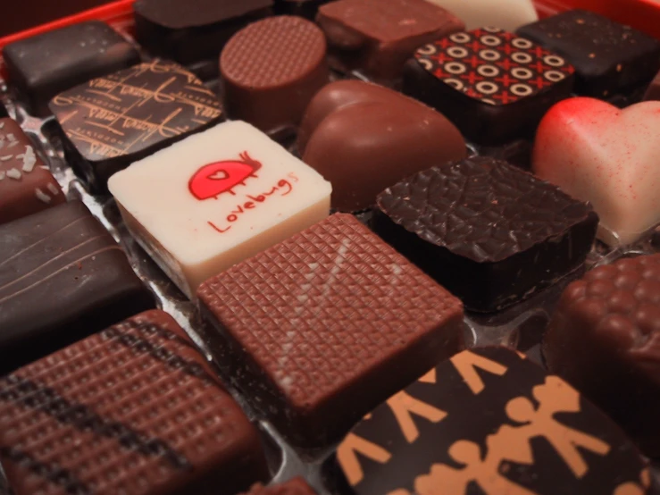 chocolates with different types on display in a bowl