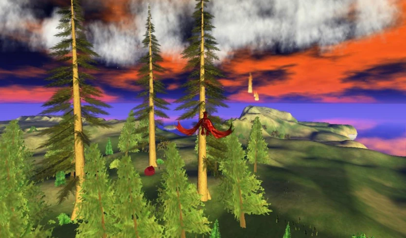 a computer generated scene of some trees and a hill