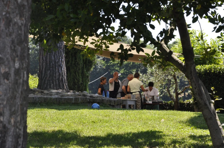 a group of people sitting at a table under a canopy in the park