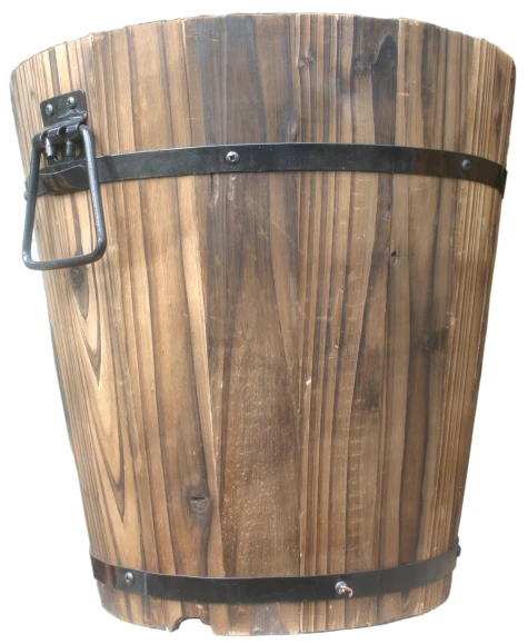 a large wooden barrel is connected with metal straps