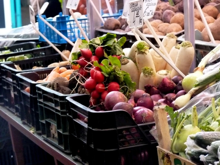 the tables are full of colorful vegetables and produce