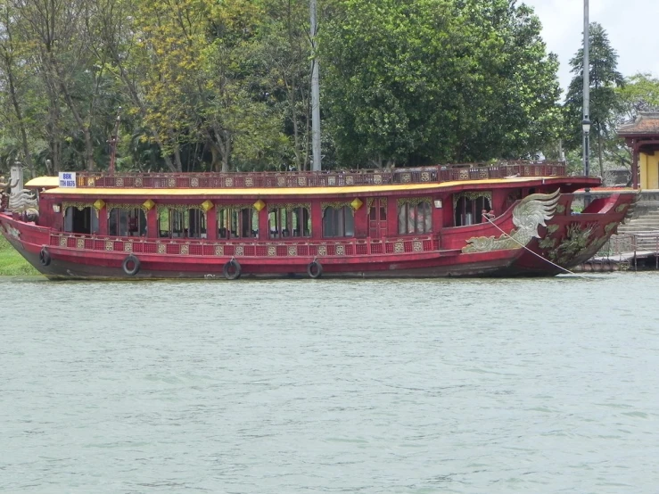 a large boat is out on the water