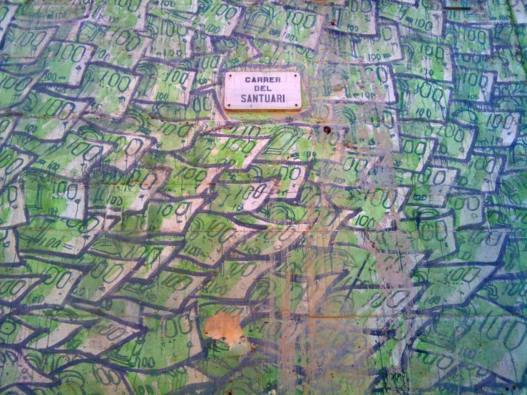 a painting with different green fields and brown and white signs