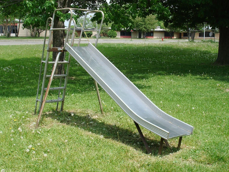 a slide is sitting in the grass in front of a tree