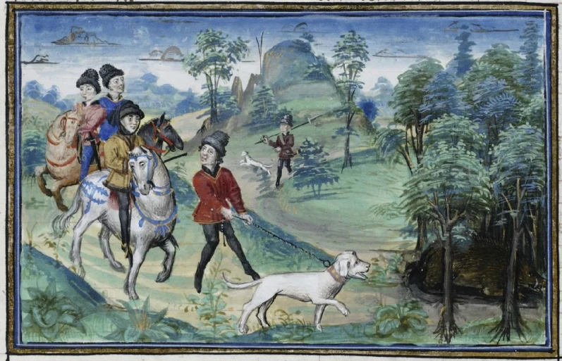 a painting of men riding horses while a dog walks by