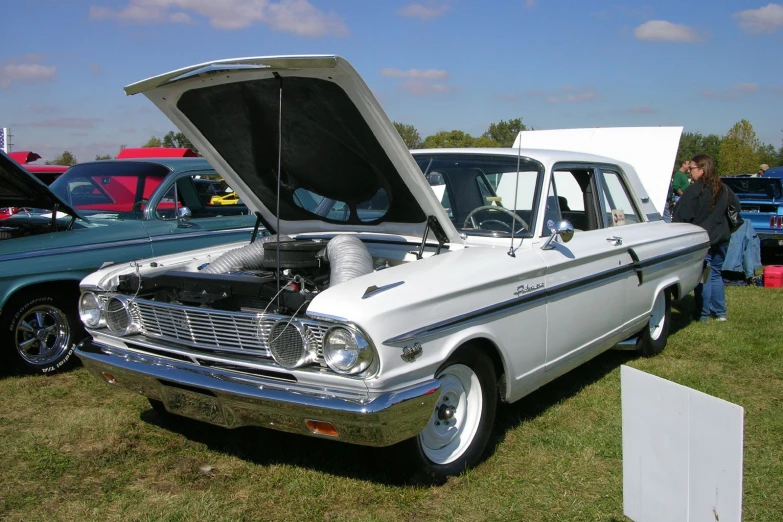 a car with its hood up parked on the grass