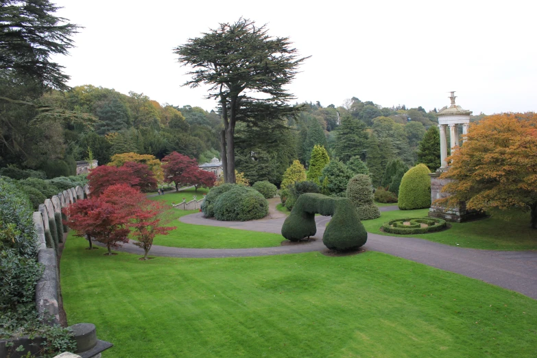 the green yard has hedges and trees with orange and red leaves