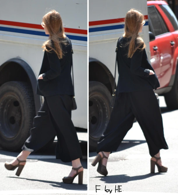 two pos of a woman walking through a street