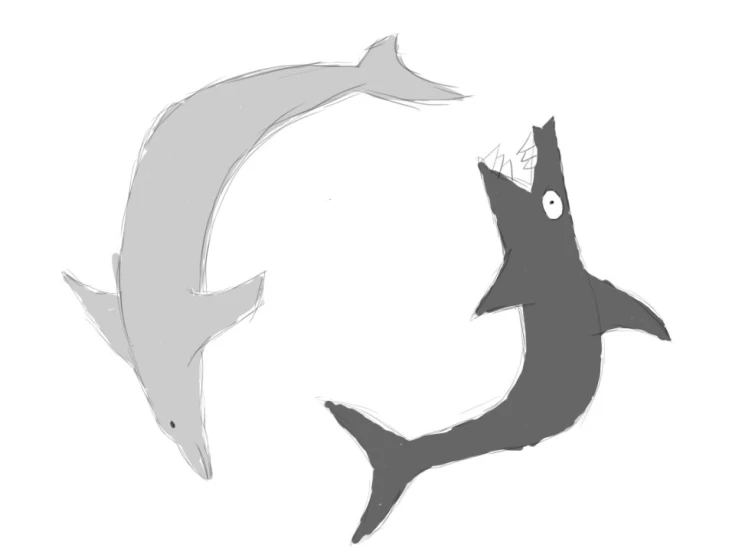 a drawing of two different sharks in black and white
