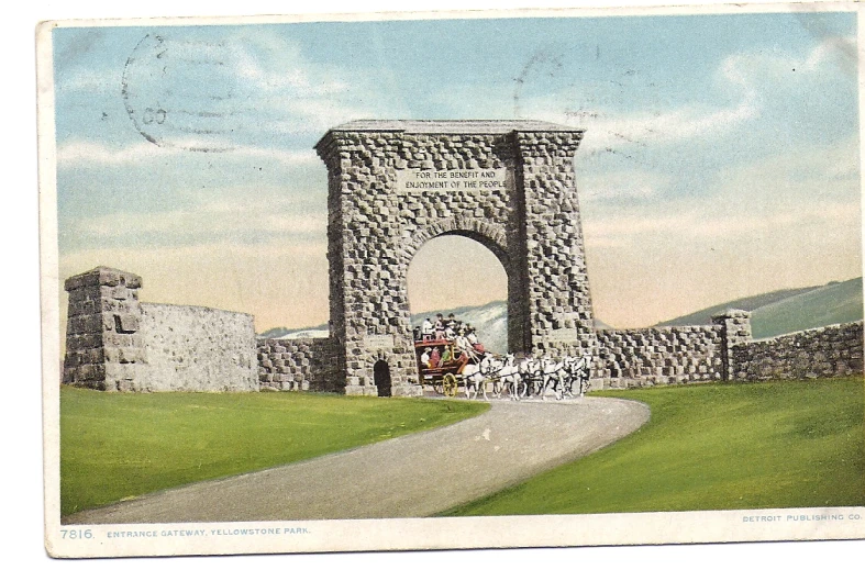a postcard depicting an old stone archway