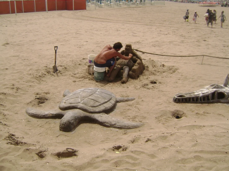 a man sitting on top of a turtle covered in sand