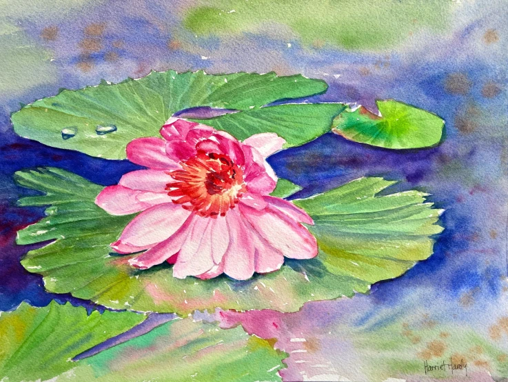 a painting of a pink and green lotus