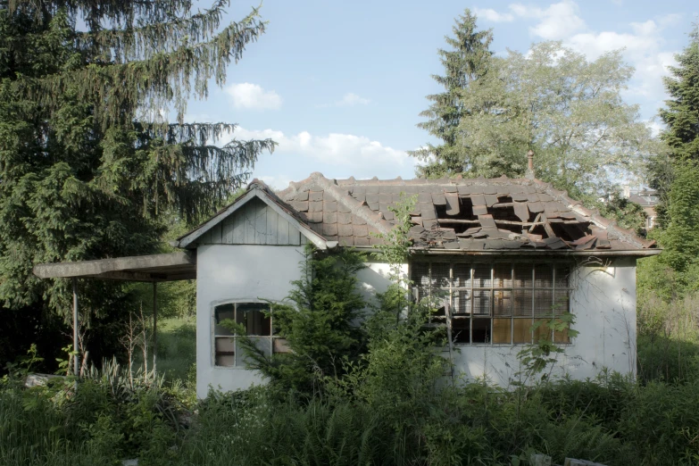 a dilapidated white house sitting in the woods