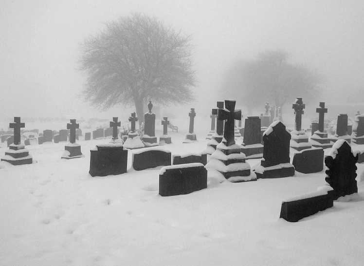the cemetery is surrounded by snow on a gloomy day
