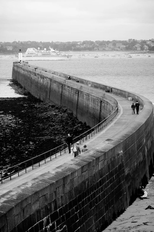 a couple of cows standing next to a long wall