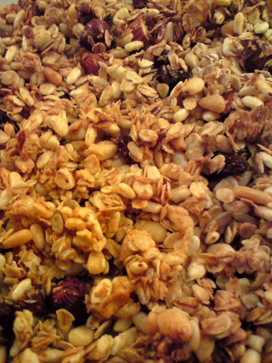 closeup of granola in bowl filled with oats and raisins