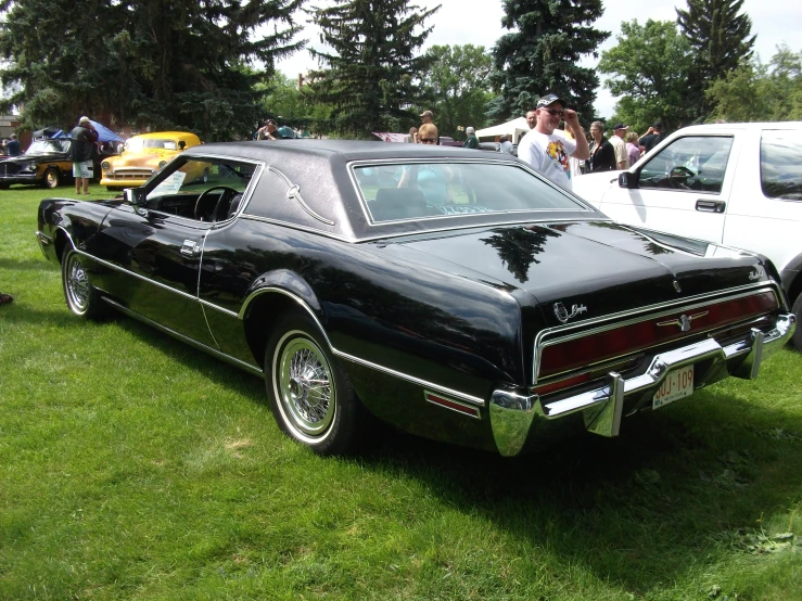 a black car is parked on the grass at an automobile show