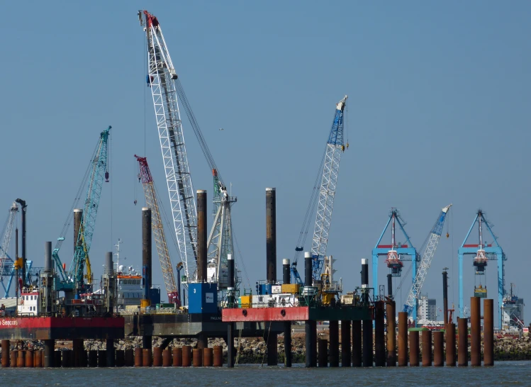 construction cranes are seen in the distance on a body of water