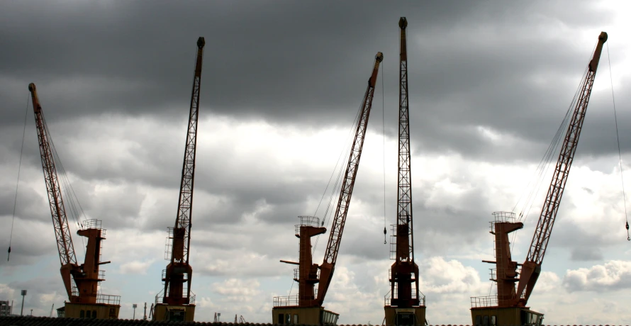 a bunch of large cranes standing next to each other