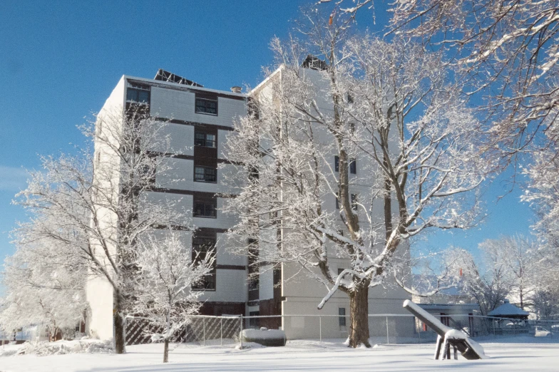 a snow covered yard with a tall building in the background