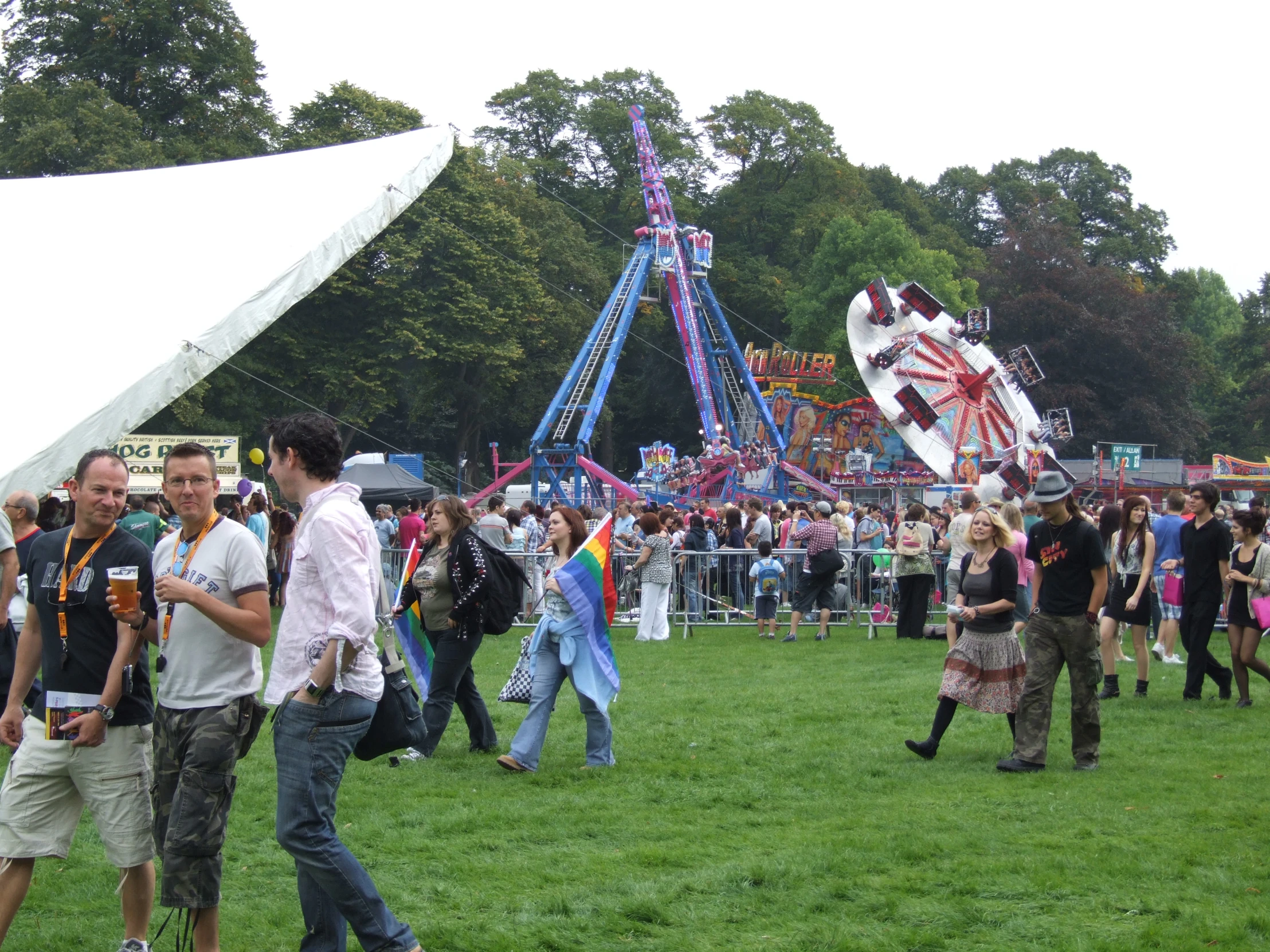 people standing on grass watching an amut ride