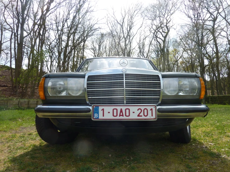 a large black mercedes benz sitting in the grass