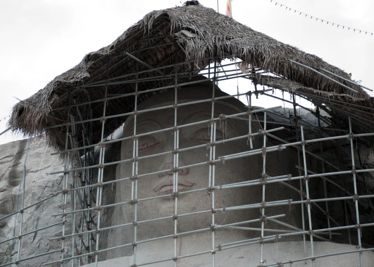 a man made head on the side of a building, through scaffolding