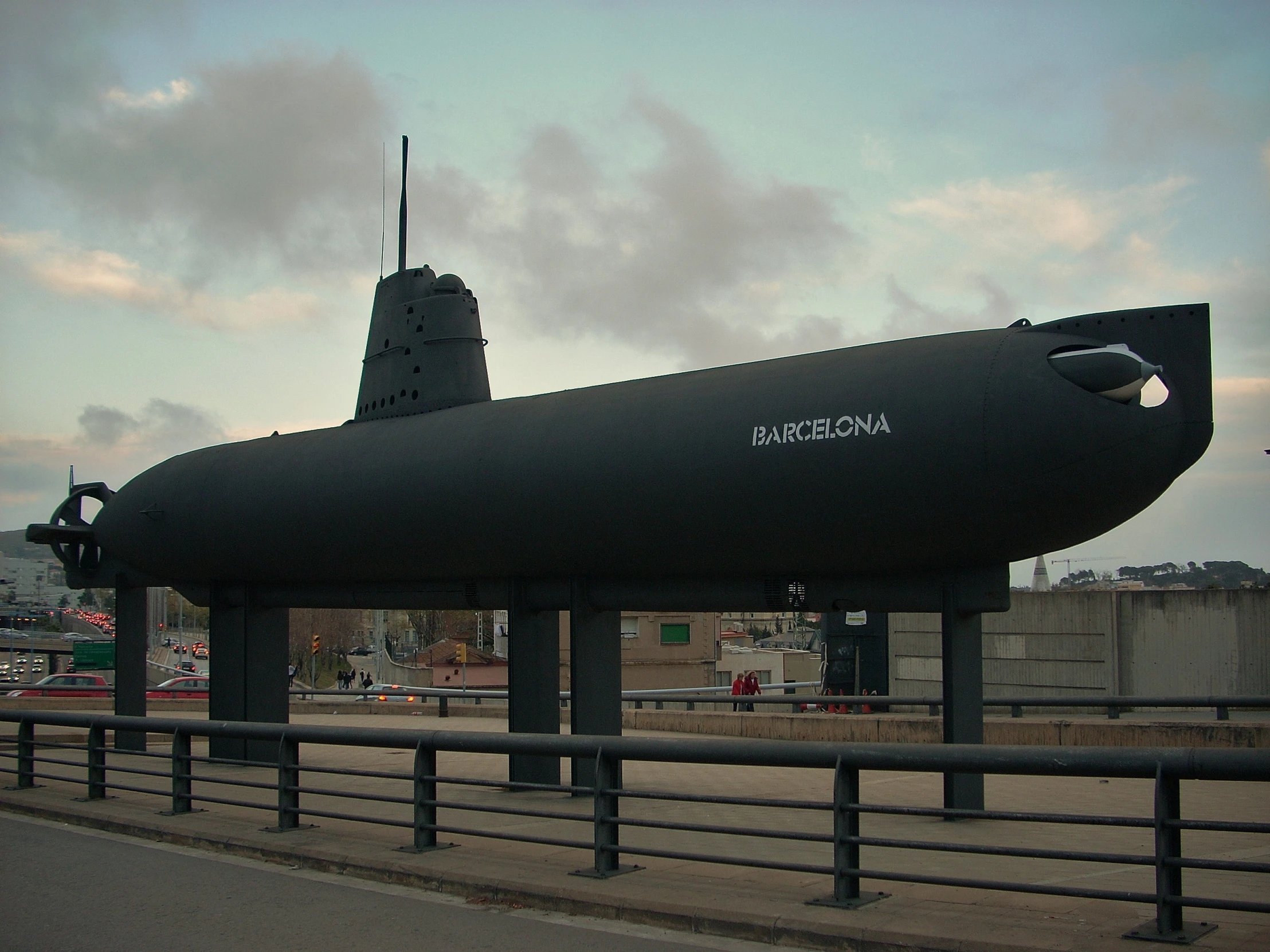 there is a submarine sitting on a fence