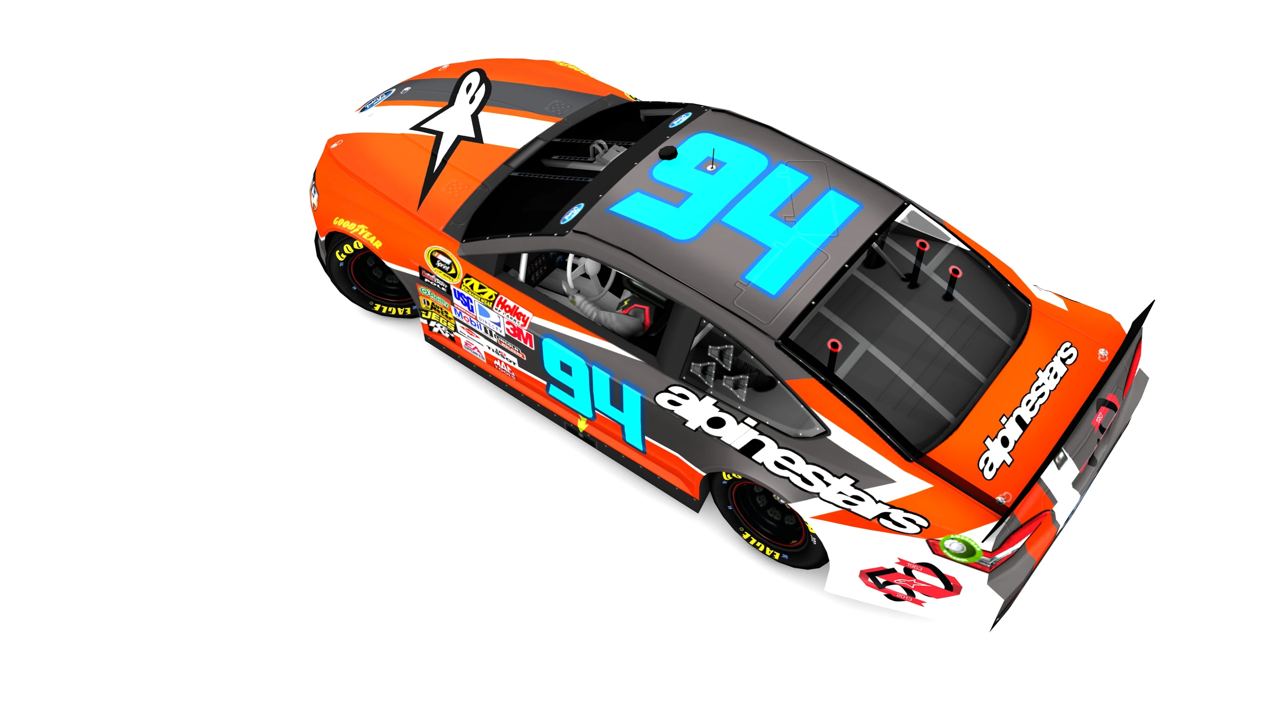 an orange race car with the letter h painted on it