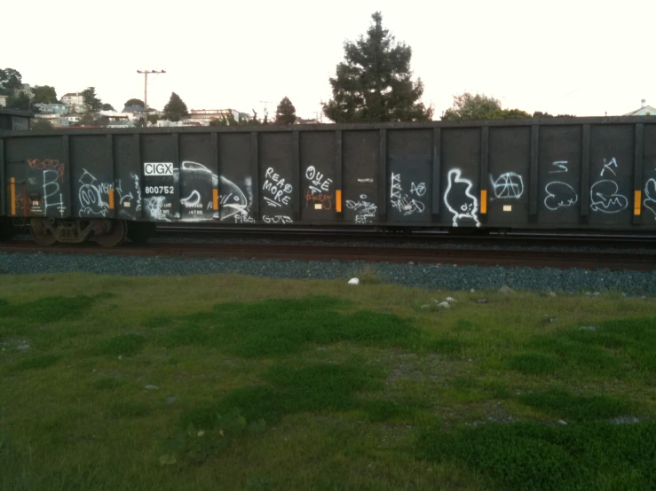 a train on tracks with a wall of graffiti