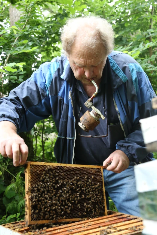 a man holding a cup in front of a honeycomb