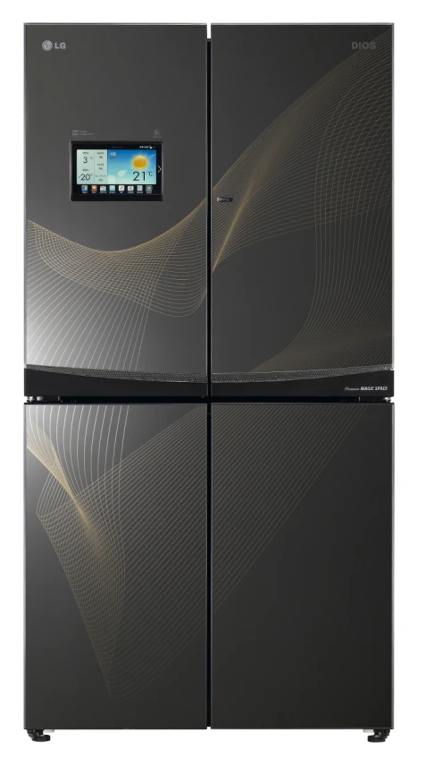 a picture of a black refrigerator with a touch panel